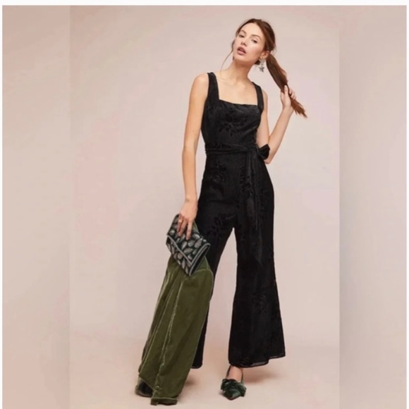 Jumpsuit Moulinette Soeurs by Anthropologie Noir Black Velvet Burnout Size 0 - Picture 1 of 16